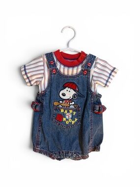 Vintage Baby Snoopy Denim Shortall Romper Set 3/6M Peanuts Baseball Outfit